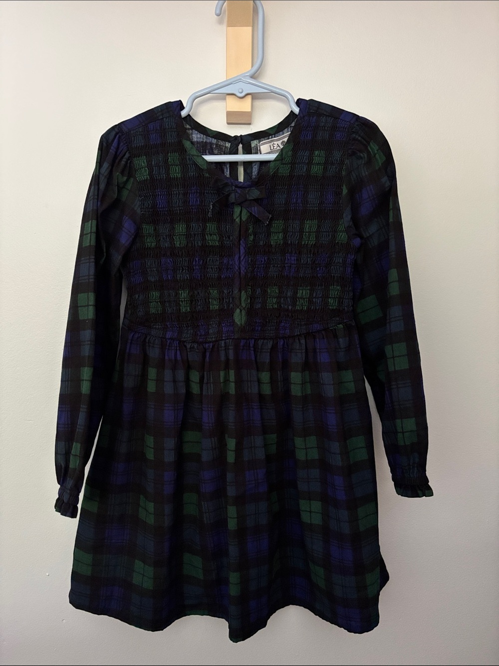 Girls' Green & Navy Plaid Smocked Long-Sleeve Dress by Tea Collection